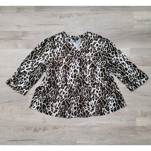 Cocomo Plus Size 3X Cheetah Top Studded Henley Blouse Stretch Knit Roll Tab - Picture 1 of 6